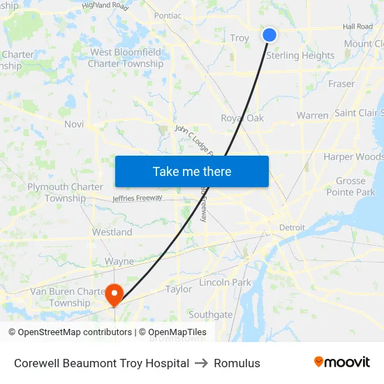 Corewell Beaumont Troy Hospital to Romulus map