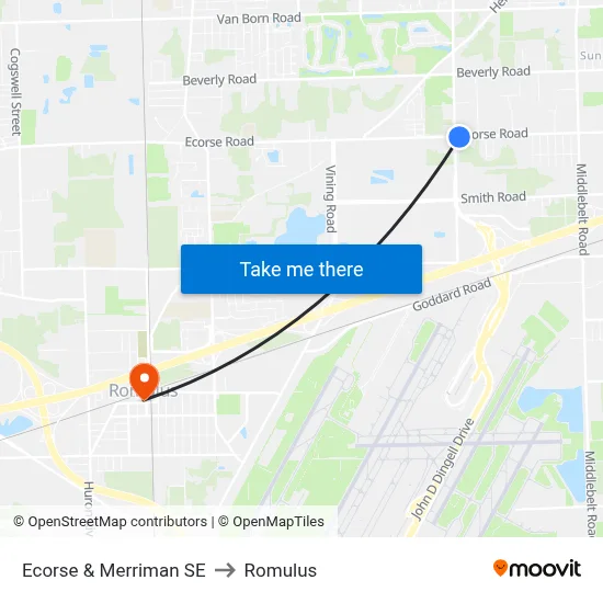 Ecorse & Merriman SE to Romulus map