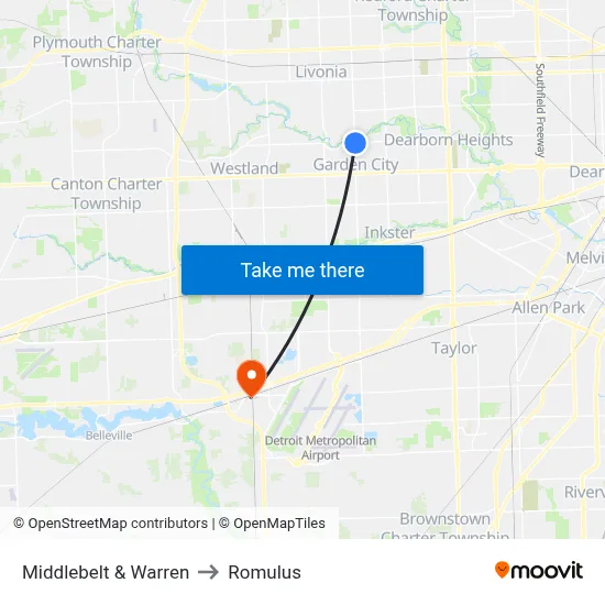 Middlebelt & Warren to Romulus map
