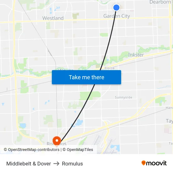 Middlebelt & Dover to Romulus map
