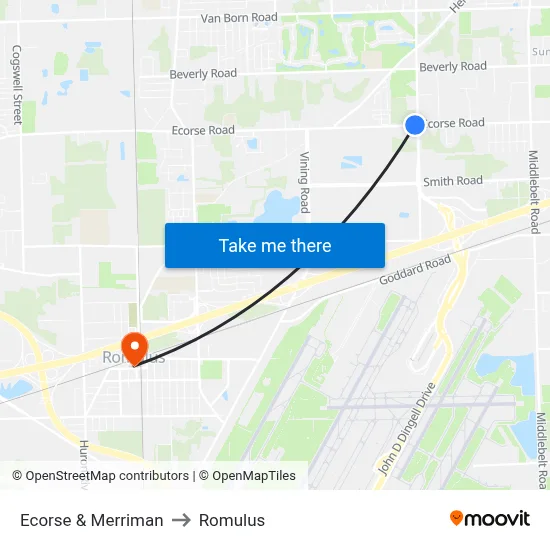 Ecorse & Merriman to Romulus map