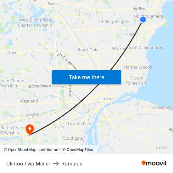 Clinton Twp Meijer to Romulus map