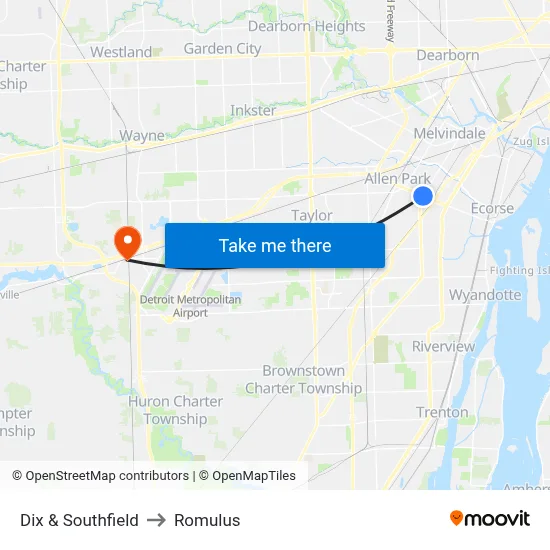 Dix & Southfield to Romulus map