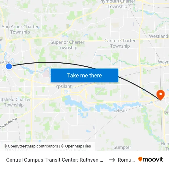Central Campus Transit Center: Ruthven Museum to Romulus map