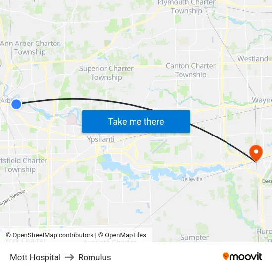 Mott Hospital to Romulus map