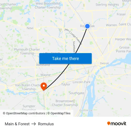 Main & Forest to Romulus map
