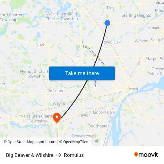 Big Beaver & Wilshire to Romulus map