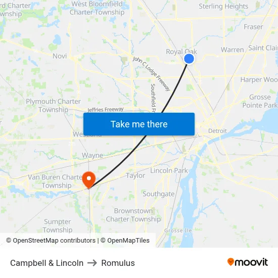 Campbell & Lincoln to Romulus map