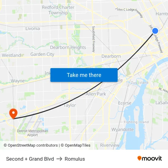 Second + Grand Blvd to Romulus map