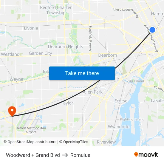 Woodward + Grand Blvd to Romulus map