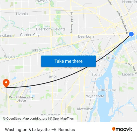Washington & Lafayette to Romulus map