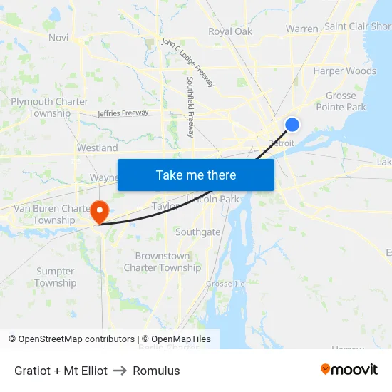Gratiot + Mt Elliot to Romulus map