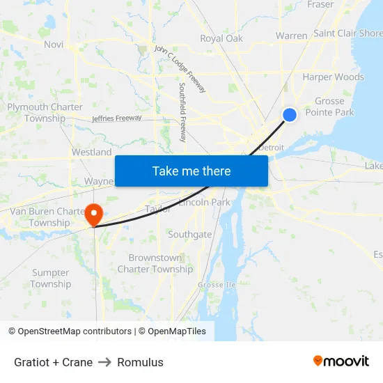 Gratiot + Crane to Romulus map