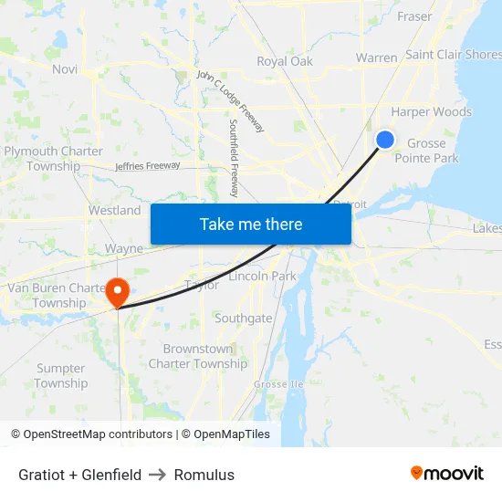 Gratiot + Glenfield to Romulus map