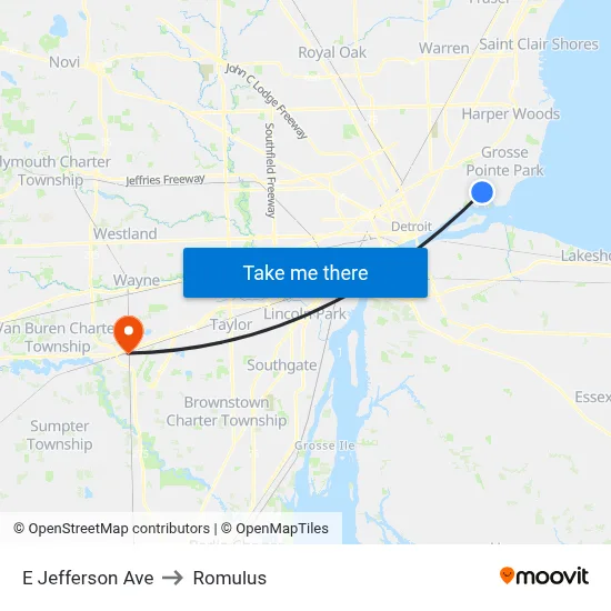 E Jefferson Ave to Romulus map
