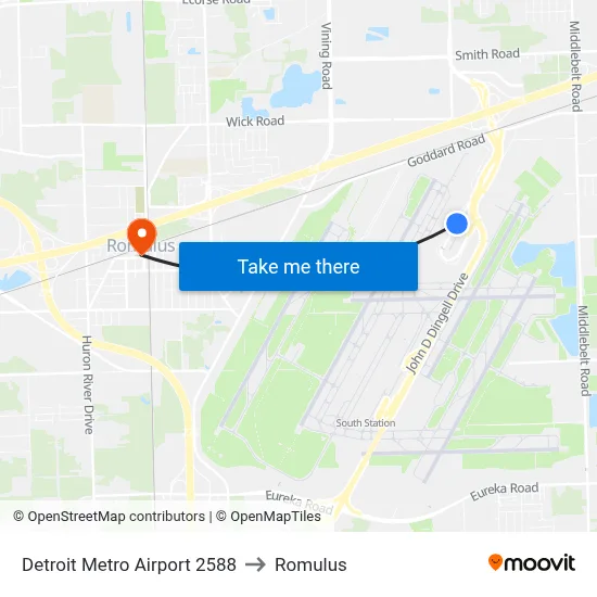 Detroit Metro Airport 2588 to Romulus map