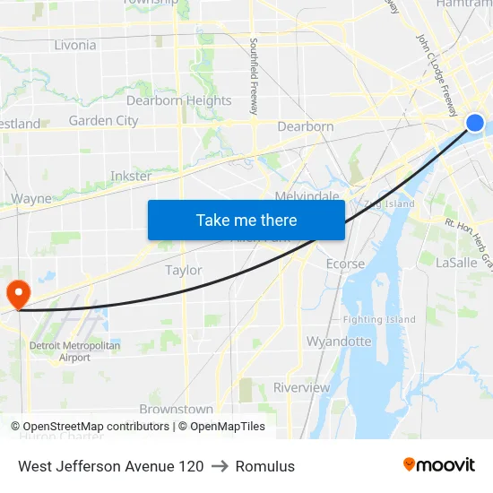 West Jefferson Avenue 120 to Romulus map