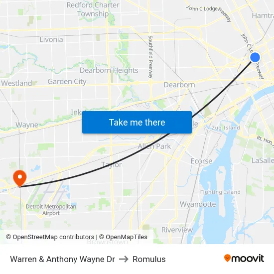 Warren & Anthony Wayne Dr to Romulus map