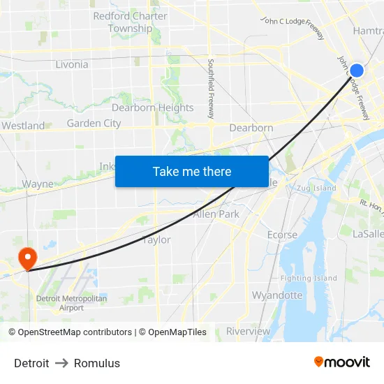 Detroit to Romulus map