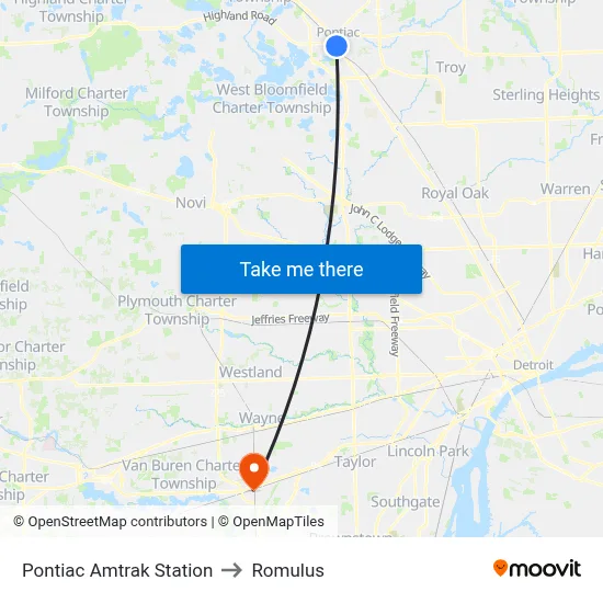 Pontiac Amtrak Station to Romulus map