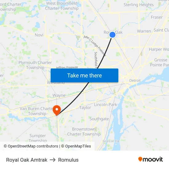 Royal Oak Amtrak to Romulus map