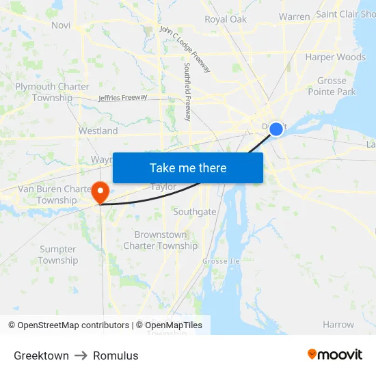 Greektown to Romulus map