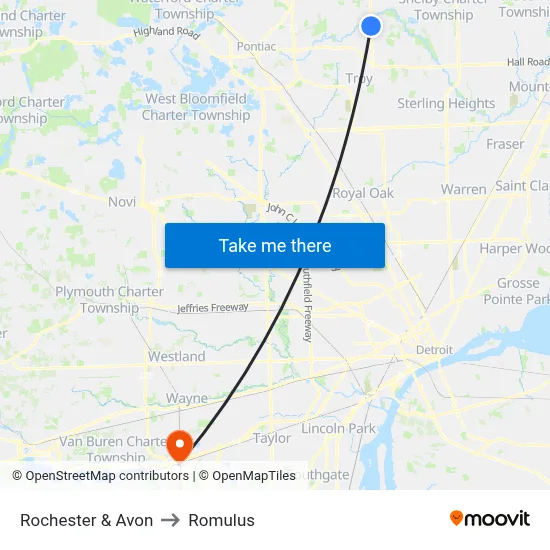 Rochester & Avon to Romulus map