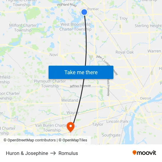 Huron & Josephine to Romulus map