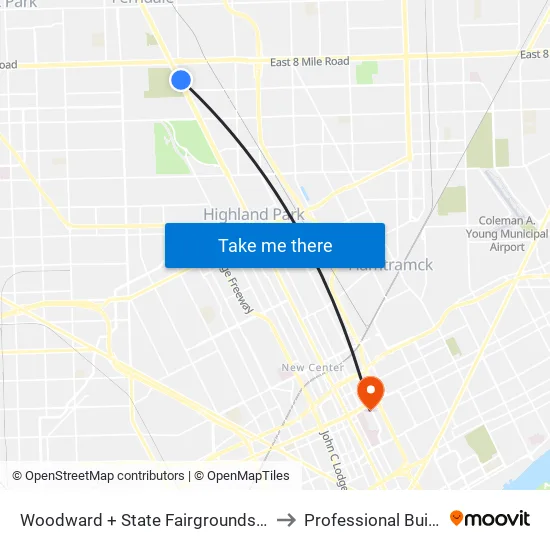 Woodward + State Fairgrounds Pickup to Professional Building map