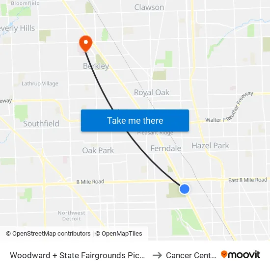 Woodward + State Fairgrounds Pickup to Cancer Center map