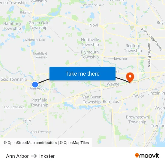 Ann Arbor to Inkster map