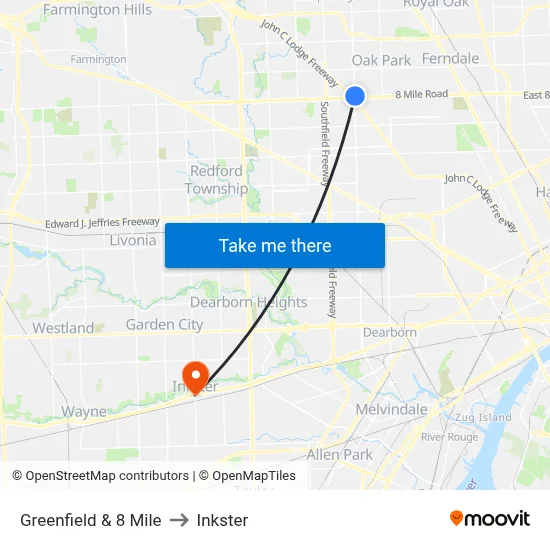 Greenfield & 8 Mile to Inkster map