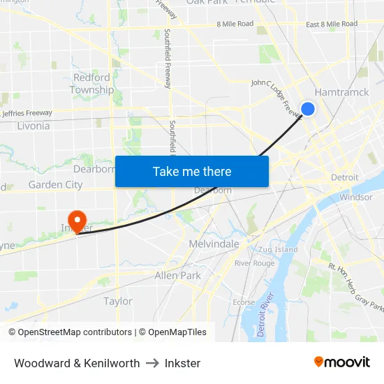 Woodward & Kenilworth to Inkster map