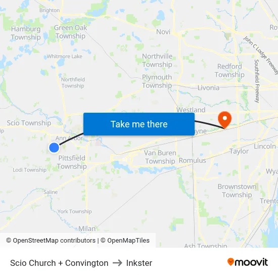 Scio Church + Convington to Inkster map