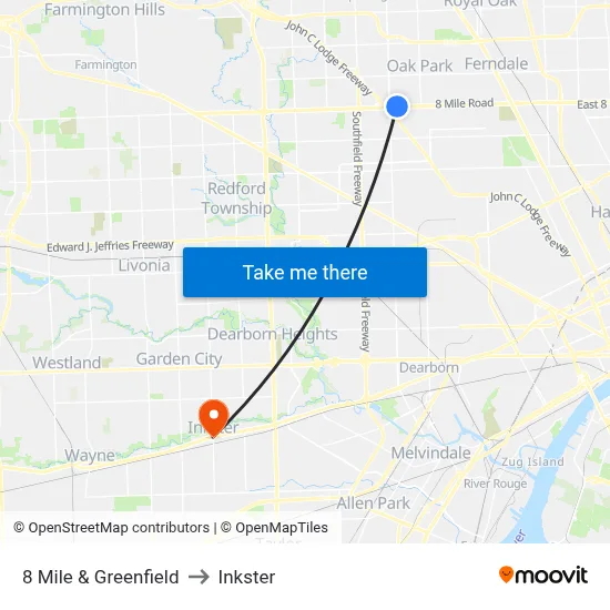 8 Mile & Greenfield to Inkster map