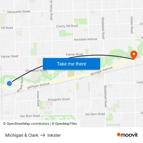 Michigan & Clark to Inkster map