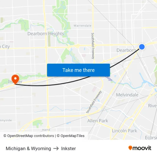 Michigan & Wyoming to Inkster map