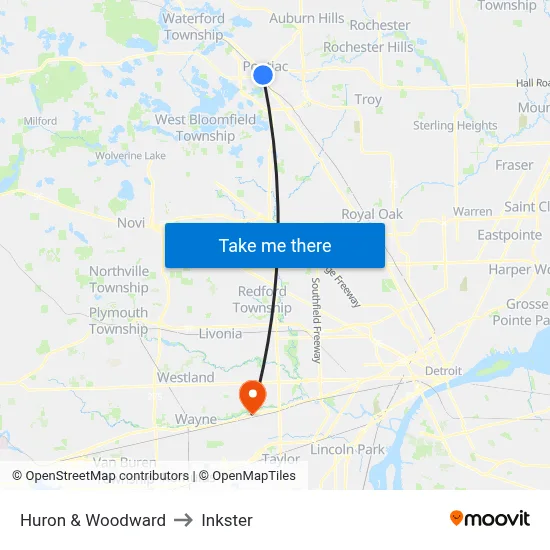 Huron & Woodward to Inkster map