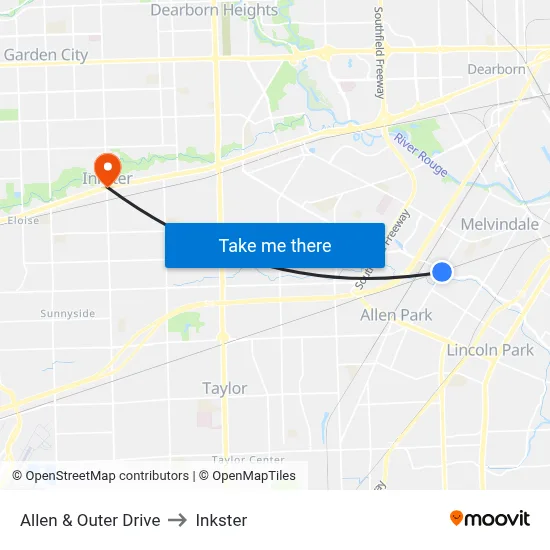 Allen & Outer Drive to Inkster map