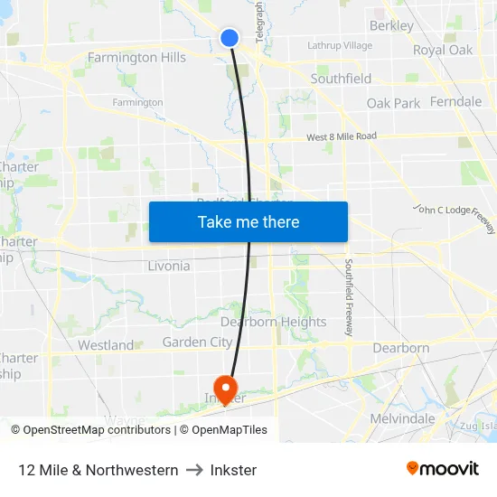12 Mile & Northwestern to Inkster map