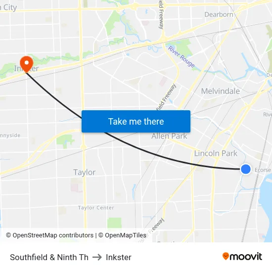 Southfield & Ninth Th to Inkster map