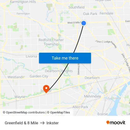 Greenfield & 8 Mile to Inkster map