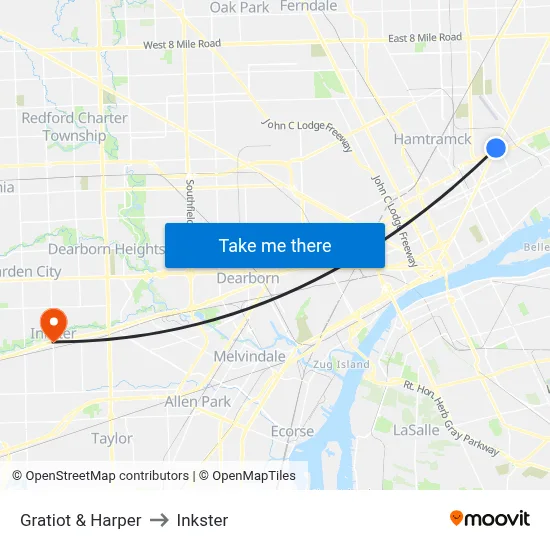 Gratiot & Harper to Inkster map