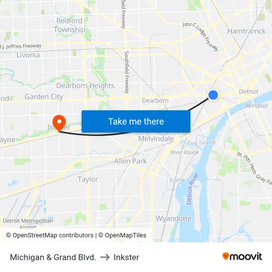 Michigan & Grand Blvd. to Inkster map