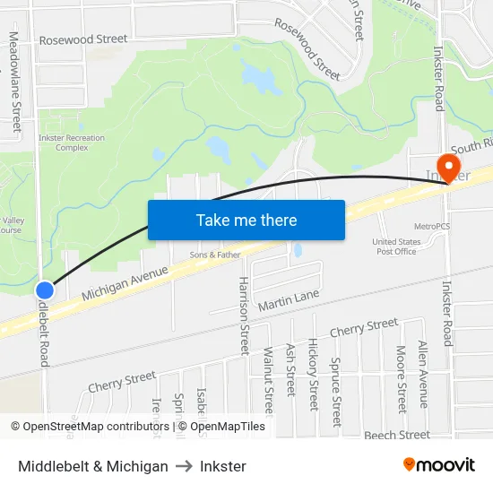 Middlebelt & Michigan to Inkster map
