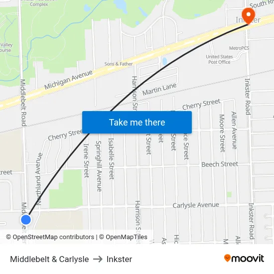 Middlebelt & Carlysle to Inkster map