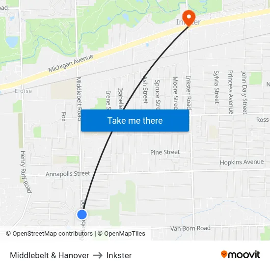 Middlebelt & Hanover to Inkster map