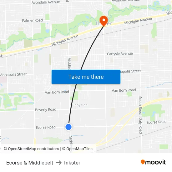 Ecorse & Middlebelt to Inkster map
