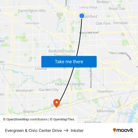 Evergreen & Civic Center Drive to Inkster map