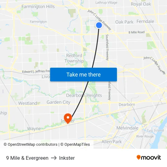 9 Mile & Evergreen to Inkster map